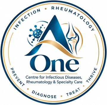 A-One Centre for Infectious Diseases, Rheumatology & Specialty Care logo: Infection, Rheumatology. Prevent, Diagnose, Treat, Thrive